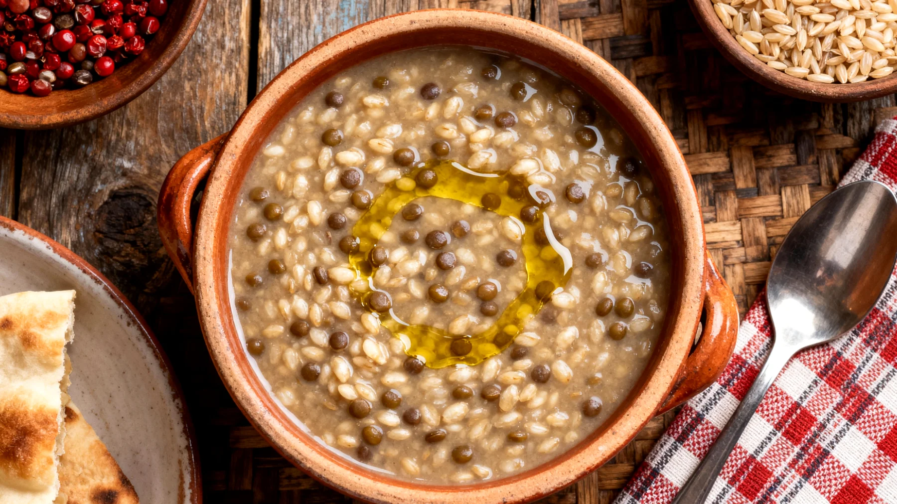 Arpa çorbası (arpadan yapılmış yoğun çorba) zeytinyağı ve mercimekle zenginleştirilmiş"