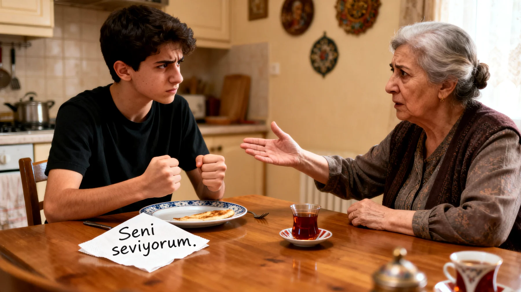 Büyükanne, genç yetişkin torununun duygularını ifade etmekte zorlandığını ve öfke patlamaları yaşadığını fark ediyor. Torun stresli olduğunda saldırganlaşıyor veya tamamen kapanıyor, bu da aralarındaki iletişimi zorlaştırıyor ve büyükanneyi çaresiz hissettiriyor."