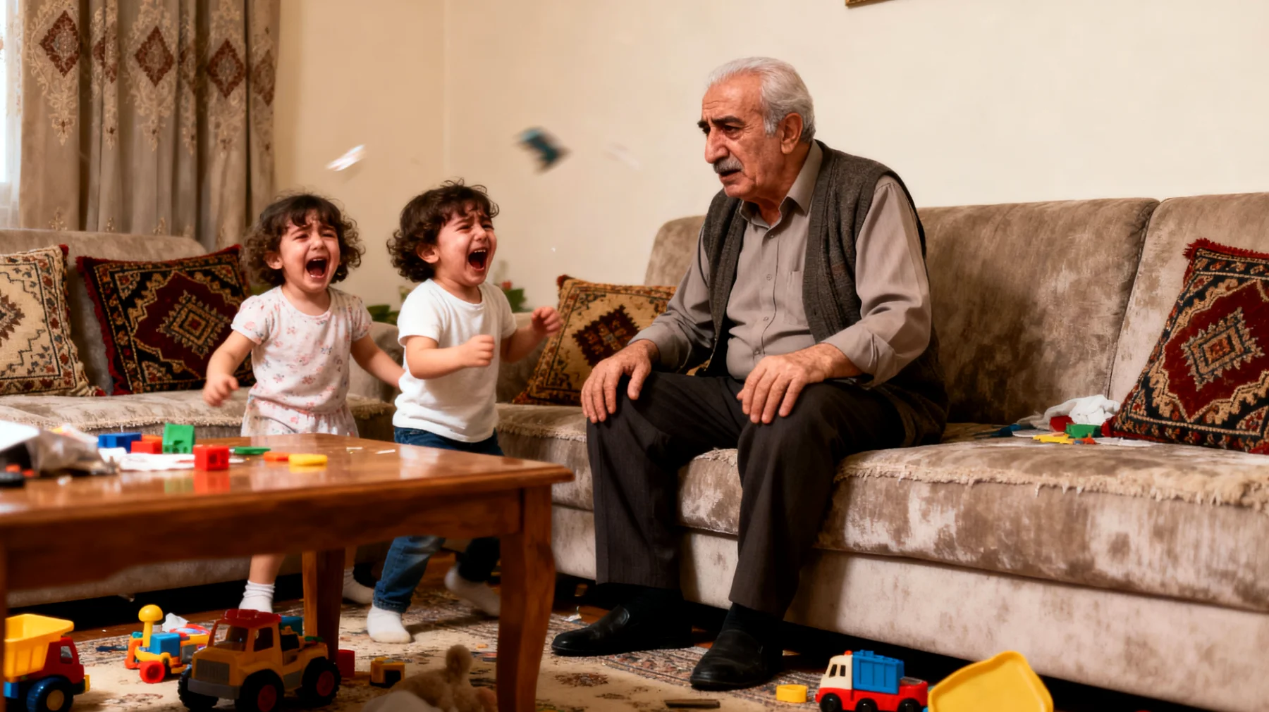 Büyükbaba, torunlarının isteklerini yerine getiremediğinde veya oyun sırasında kaybettiklerinde aşırı tepki vermelerine karşı nasıl davranacağını bilemiyor. Çocuklar ağlıyor, bağırıyor ve hayal kırıklığını yönetmekte zorlanıyorlar."