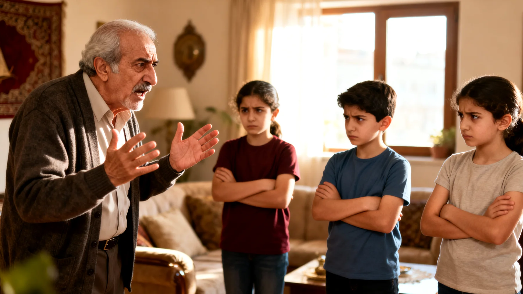 Büyükbaba torunlarına kurallar koyduğunda sürekli direniş ve tartışmalarla karşılaşıyor, özellikle uyku saati, yemek masası davranışları ve oyun zamanı konularında sınır koyma girişimleri çatışmaya dönüşüyor."