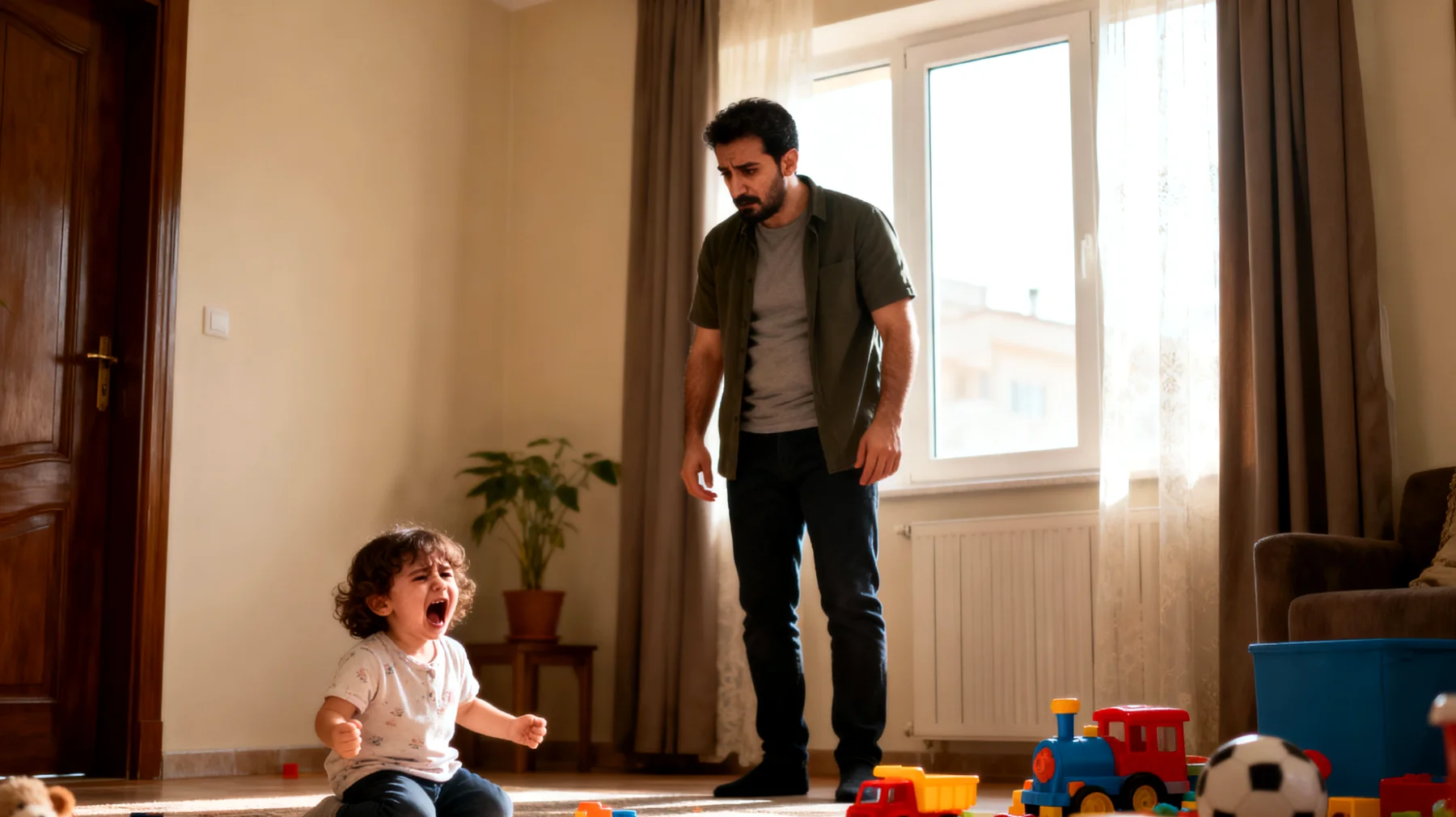 Baba, küçük çocuğunun istediği oyuncağı alamadığında veya oyun yarıda kesildiğinde yaşadığı yoğun hayal kırıklığı karşısında nasıl müdahale edeceğini bilemiyor ve çocuğun tepkilerini yönetmekte zorlanıyor."