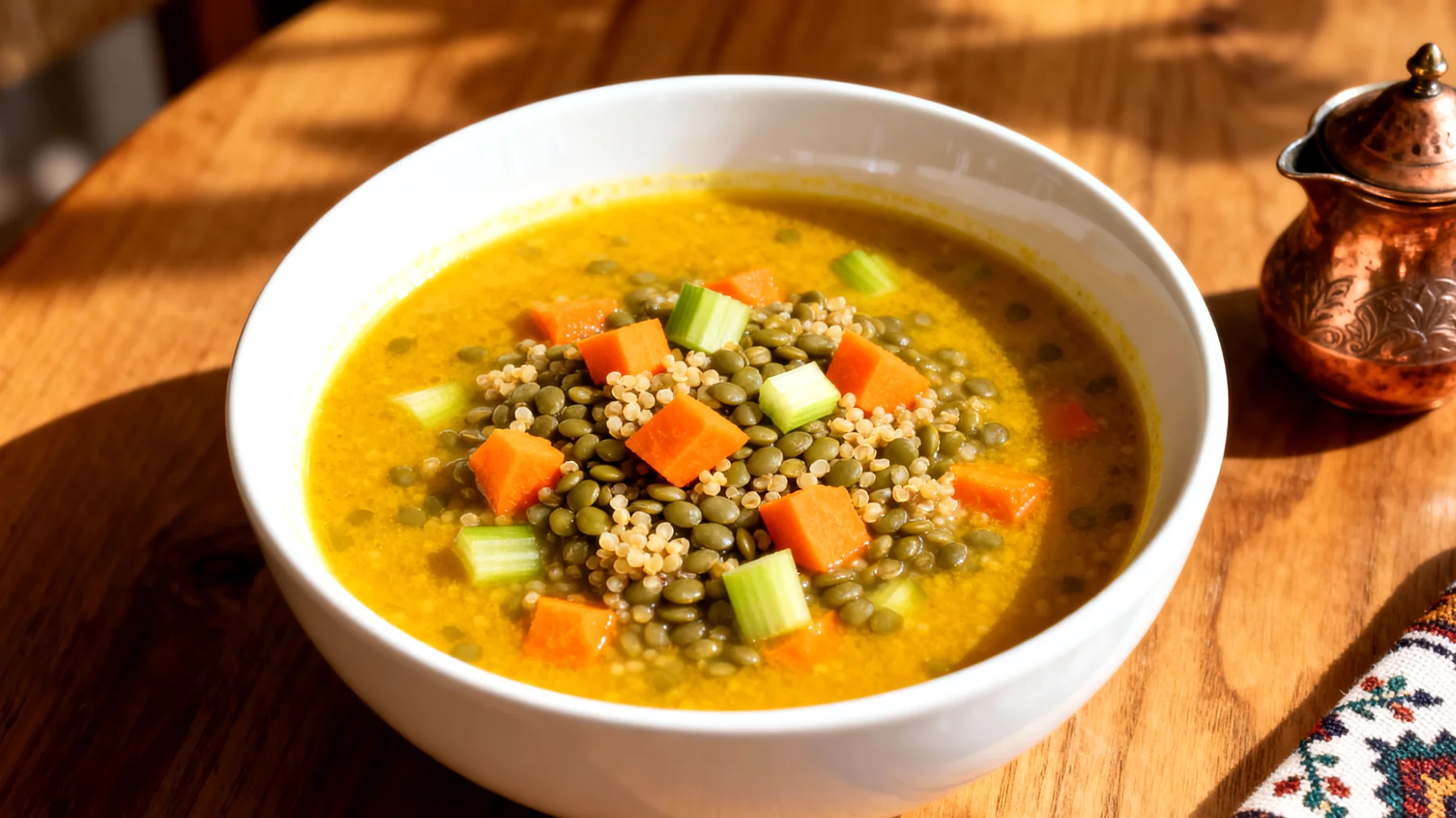 Kinoa ve Mercimek Çorbası (Yeşil Mercimek, Kinoa, Havuç, Kereviz, Zerdeçal)"