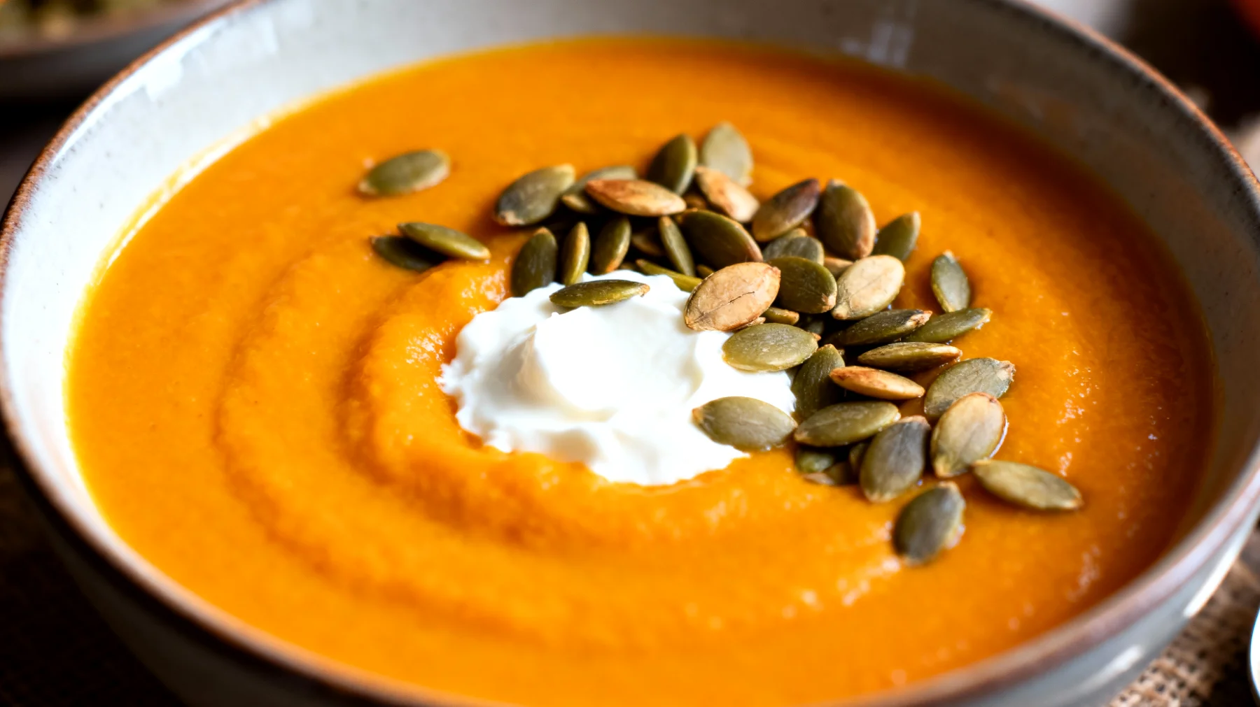 Vellutata di zucca con semi di zucca tostati e un cucchiaio di yogurt greco"