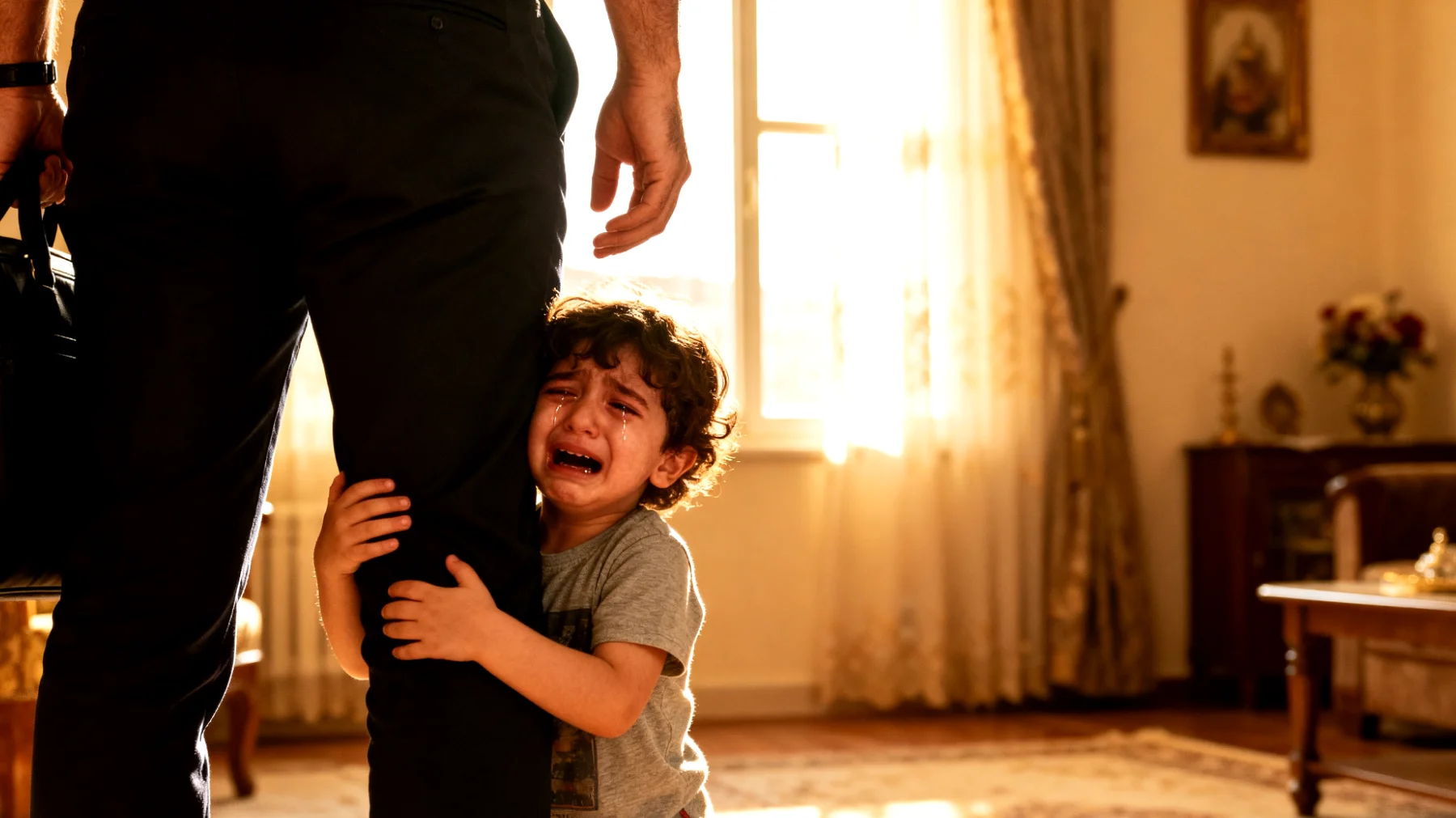 Çocuk sürekli babanın yanında olmak istiyor, baba olmadan uyuyamıyor veya günlük aktiviteleri yapmakta zorlanıyor. Baba işe gittiğinde çocuk ağlıyor ve ayrılığı kabul etmekte güçlük çekiyor."