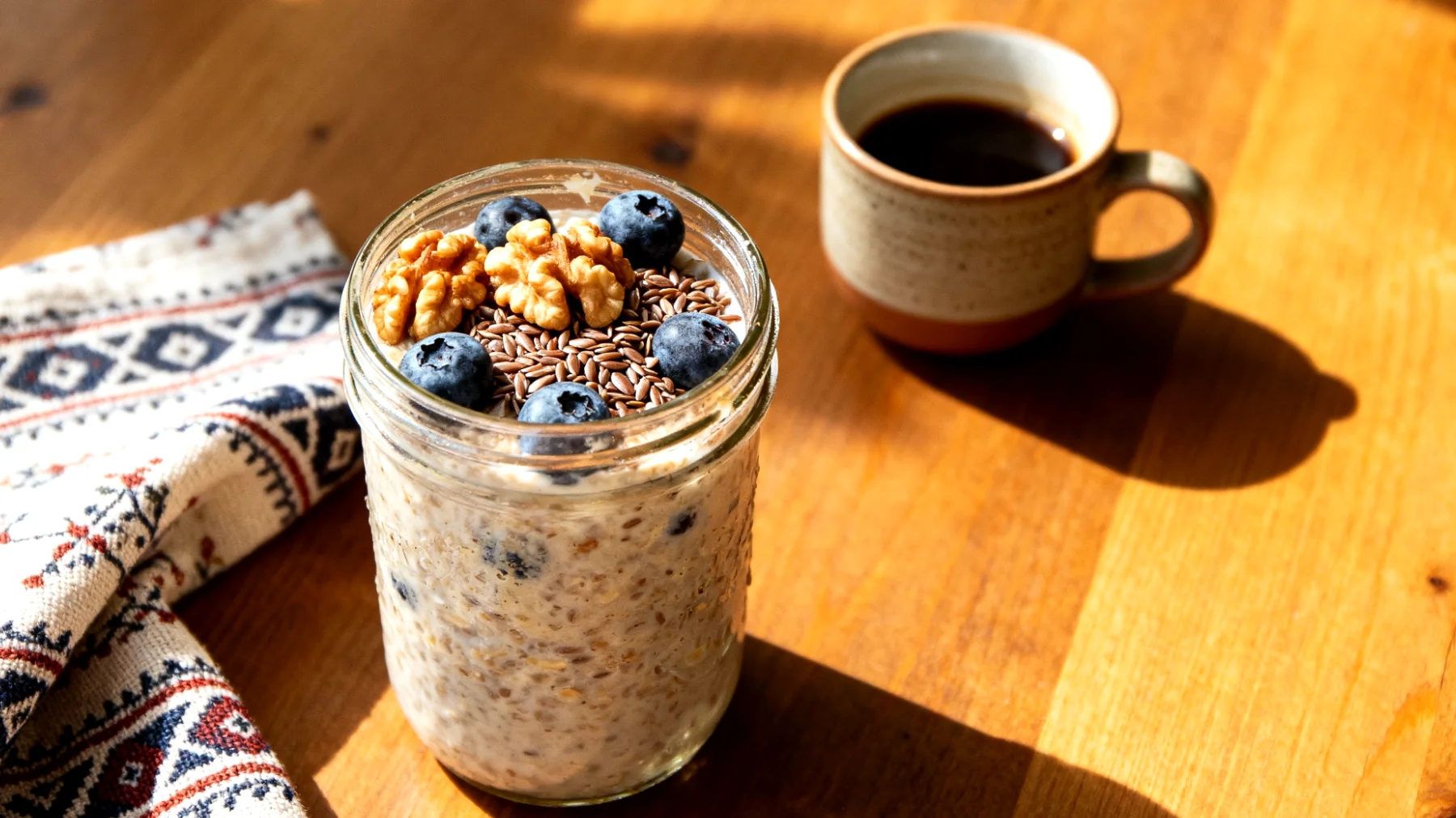 Yulaf ezmesi (overnight oats) + ceviz + keten tohumu + yaban mersini"