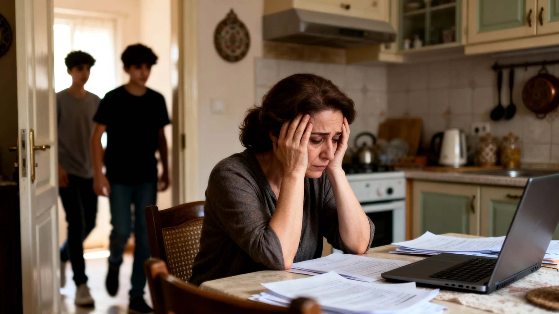 Anne, iş ve ev sorumluluklarını dengelemeye çalışırken genç yetişkin çocuklarıyla yeterli zaman geçirememekten dolayı tükenmişlik ve yetersizlik hissediyor."
